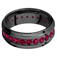 8mm wide Stepped Bevel Black Zirconium Ring with Polish Finish / Eternity Round .07 carat Ruby Bead-Set Gemstones
