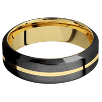 7mm wide High Bevel Black Titanium Ring with Satin Finish / One 1mm Centered 14k Yellow Gold Inlay with Polish Finish / 10k Yellow Gold Sleeve