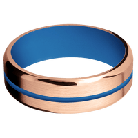 7mm wide Beveled 14k Rose Gold Ring with Satin Finish / One 1mm Centered Sea Blue Cerakote Inlay / Sea Blue Cerakote Sleeve