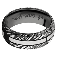 8mm wide Domed Stepped Down Edges Kuro Damascus Steel Ring with Tumble Kuro Damascus Finish / One 2mm Centered Palladium Silver Inlay with Polish Finish and Black Cerakote Accents / Black Titanium Sleeve / Hand Writing Interior Pattern