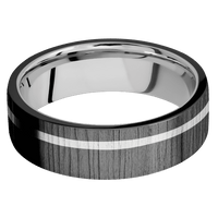 7mm wide Flat Black Zirconium Ring with Treebark 1 Finish / One 1mm Off Center 14k White Gold Inlay / 14k White Gold Sleeve