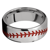 8mm wide Beveled Titanium Ring with Satin Finish / Baseball Design and Red Apple Cerakote Accents