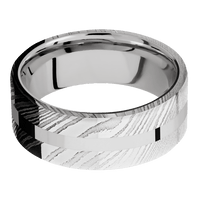 8mm wide Flat Damascus Steel Ring with Polish Damascus Finish / One 2mm Centered 14k White Gold Inlay with Polish Finish / 14k White Gold Sleeve
