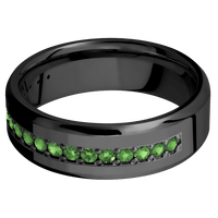 7mm wide Beveled Black Titanium Ring with Polish Finish / Half Eternity Round .03 carat Green Diamond Bead-Set Gemstones