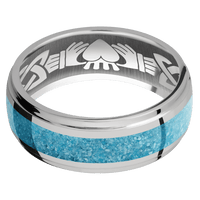8mm wide Domed Stepped Down Edges Titanium Ring with Polish Finish / One 4mm Centered Turquoise Inlay / Claddagh Celtic Interior Pattern