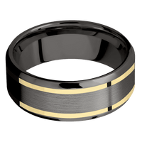 8mm wide Beveled Darkened Tantalum Ring with Satin Finish / Two 1mm Wide 14k Yellow Gold Inlay with Bead Blast Finish