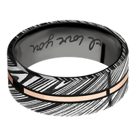 8mm wide Flat Kuro Damascus Steel Ring with Tumble Kuro Damascus Finish / One 1mm Centered 14k Rose Gold Inlay with Polish Finish and Black Cerakote Accents / Black Titanium Sleeve / Hand Writing Interior Pattern