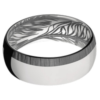 8mm wide Domed Titanium Ring with Polish Finish / One 2mm Off Center Edge Black Zirconium Inlay with Treebark 1 Finish / Feather Interior Pattern