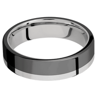 6mm wide Flat Titanium Ring with Polish Finish / One 4mm Off Center Edge Black Zirconium Inlay with Polish Finish