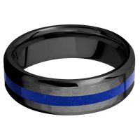 7mm wide Beveled Black Titanium Ring with Hammer Finish / One 2mm Centered Lapis Inlay