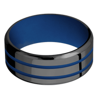 9mm wide Beveled Black Titanium Ring with Polish Finish / Two 1mm Centered Royal Blue Cerakote Inlay / Royal Blue Cerakote Sleeve