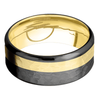 9mm wide Beveled Black Zirconium Ring with Hammer Finish / One 3mm Off Center 18k Yellow Gold Inlay with Hammer Finish / 18k Yellow Gold Sleeve / None Interior Pattern