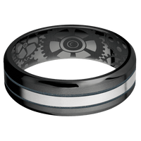 7mm wide Beveled Black Zirconium Ring with Bead Blast Finish / One 2mm Centered Palladium Silver Inlay with Bead Blast Finish and Blue Titanium Cerakote Accents / Gears Interior Pattern