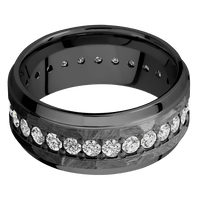 9mm wide Stepped Bevel Black Titanium Ring with Rock Finish / Eternity Round .05 carat Standard Lab Grown Diamond Bead-Set Gemstones