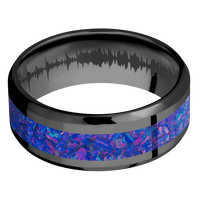 8mm wide Beveled Black Titanium Ring with Polish Finish / One 4mm Centered Purple Opal Inlay / None Interior Pattern