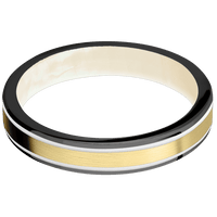 4mm wide Flat Black Zirconium Ring with Polish Finish / One 2mm Centered 14k Yellow Gold Inlay with Satin Finish and Snow White Cerakote Accents / Freshwater Mother of Pearl Sleeve