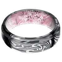 7mm wide Flat Rounded Edges Kinetic Damascus Steel Ring with Tumble Kuro Damascus Finish / Kings Pink Camo Sleeve