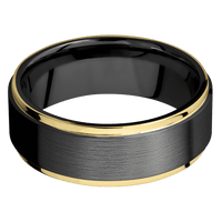 8mm wide Flat Grooved Edges Black Zirconium Ring with Satin Finish / Two 1mm Edge 14k Yellow Gold Inlay with Polish Finish