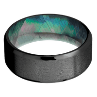 8mm wide Beveled Black Zirconium Ring with Distressed Finish / Black Mother of Pearl Sleeve