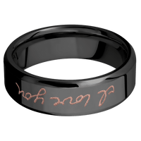 7mm wide Beveled Black Titanium Ring with Polish Finish / Hand Writing Design and Rose Gold Cerakote Accents