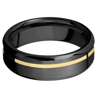 7mm wide Beveled Black Zirconium Ring with Satin Finish / One 1mm Off Center 14k Yellow Gold Inlay with Polish Finish