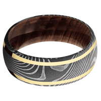 8mm wide Domed Flattwist Damascus Steel Ring with Acid Damascus Finish / Two 1mm Wide 14k Yellow Gold Inlay with Polish Finish / Sequoia Sleeve