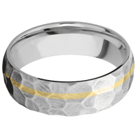 7mm wide Domed Platinum Ring with Rock Finish / One 1mm Off Center 14k Yellow Gold Inlay