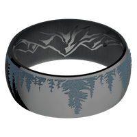 9mm wide Domed Black Titanium Ring with Polish Finish / Trees Design and Northern Lights Cerakote Accents / Mountain 2 Interior Pattern