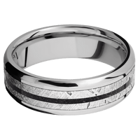 7mm wide Beveled Inconel Ring with Polish Finish / One 4mm Centered Meteorite Inlay / One 1mm Centered Black Dinosaur Bone Inlay