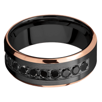 8mm wide Beveled Black Zirconium Ring with Satin Finish / Two 1mm Edge 14k Rose Gold Inlay with Polish Finish / Half Eternity Round .07 carat Black Diamond Bead-Set Gemstones