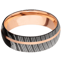 7mm wide Domed Damascus Steel Ring with Acid Damascus Finish / One 1mm Off Center 14k Rose Gold Inlay with Satin Finish / 14k Rose Gold Sleeve