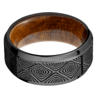 9mm wide Stepped Bevel Black Titanium Ring with Polish Finish / Labyrinth Design / Desert Iron Wood Sleeve