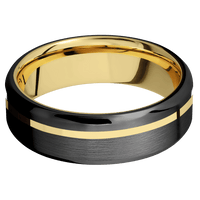 7mm wide Beveled Black Titanium Ring with Satin Finish / One 1mm Off Center 14k Yellow Gold Inlay with Polish Finish / 10k Yellow Gold Sleeve