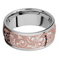 9mm wide Domed Milgrain Edges Titanium Ring with Polish Finish / Western Scroll Design and Rose Gold Cerakote Accents