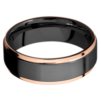 7mm wide Flat Grooved Edges Black Titanium Ring with Machine Finish / Two 1mm Edge 14k Rose Gold Inlay with Polish Finish