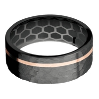 8mm wide Flat Black Zirconium Ring with Hammer Finish / One 1mm Off Center 14k Rose Gold Inlay with Hammer Finish / None Interior Pattern