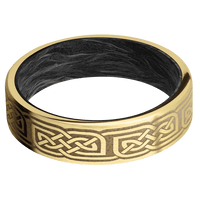 6mm wide Flat 14k Yellow Gold Ring with Satin Finish / Celtic 17 Design and Coyote Tan Cerakote Accents / Forged Carbon Fiber Sleeve