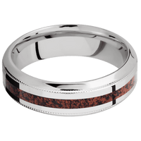 7mm wide High Bevel Milgrain Inconel Ring with Polish Finish / One 2mm Centered Red Dinosaur Bone Inlay