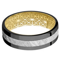 7mm wide Flat Black Titanium Ring with Polish Finish / One 3mm Centered Meteorite Inlay / 18k Yellow Gold Sleeve / None Interior Pattern