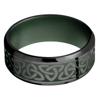 8mm wide Beveled Black Zirconium Ring with Polish Finish / Celtic Trinity Design and Highland Green Cerakote Accents / Highland Green Cerakote Sleeve