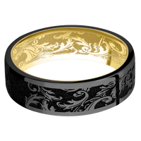 7mm wide Flat Black Titanium Ring with Polish Finish / Black Leaf Design / 10k Yellow Gold Sleeve / Black Leaf Interior Pattern