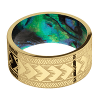 10mm wide Flat 14k Yellow Gold Ring with Polish Finish / Maori Design / Abalone Sleeve