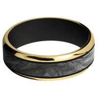 7mm wide Beveled 18k Yellow Gold Ring with Polish Finish / One 4mm Centered Forged Carbon Fiber Inlay and Black Cerakote Accents / Black Cerakote Sleeve