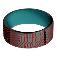 8mm wide Flat Black Titanium Ring with Polish Finish / Computer Chip Design and Red Apple Cerakote Accents / Teal Cerakote Sleeve
