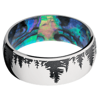 8mm wide Domed 14k White Gold Ring with Polish Finish / Trees Design and Dark Grey Cerakote Accents / Abalone Sleeve