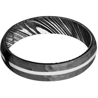 5mm wide Domed Black Titanium Ring with Hammer Finish / One 1mm Centered Platinum Inlay with Polish Finish / Kuro Damascus Steel Sleeve
