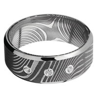 8mm wide Beveled Flattwist Damascus Steel Ring with Acid Damascus Finish / Two 1mm Edge Palladium Silver Inlay with Polish Finish / 3 Round .03 carat Standard Lab Grown Diamond Bezel-Set Gemstones