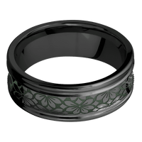 8mm wide Concave Center Round Edges Black Zirconium Ring with Polish Finish / Floral 1 Large Design and Highland Green Cerakote Accents