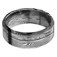 8mm wide Beveled Tightweave Damascus Steel Ring with Tumble Kuro Damascus Finish