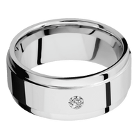 9mm wide Flat Wide Grooved Edges 14k White Gold Ring with Polish Finish / 1 Round .1 carat Standard Diamond Flush-Set Gemstones